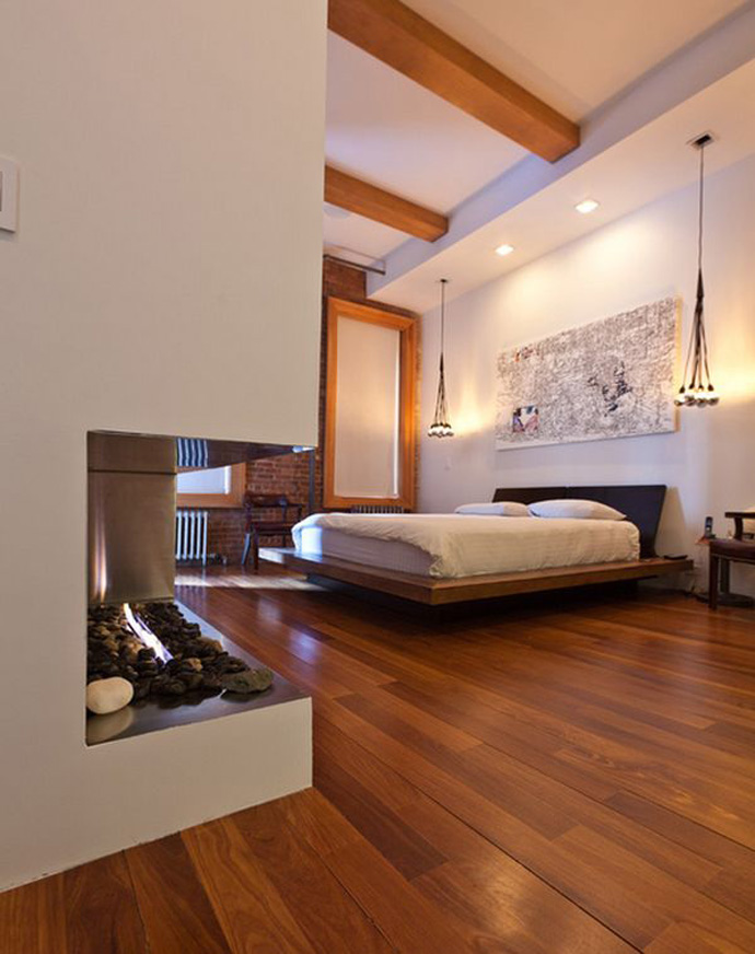 Phòng ngủ ấm áp với lò sưởi hiện đại