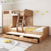 Mẫu giường tầng thông minh bằng gỗ tự nhiên đẹp, hiện đại