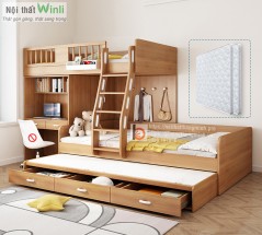 Mẫu giường tầng thông minh bằng gỗ tự nhiên đẹp, hiện đại